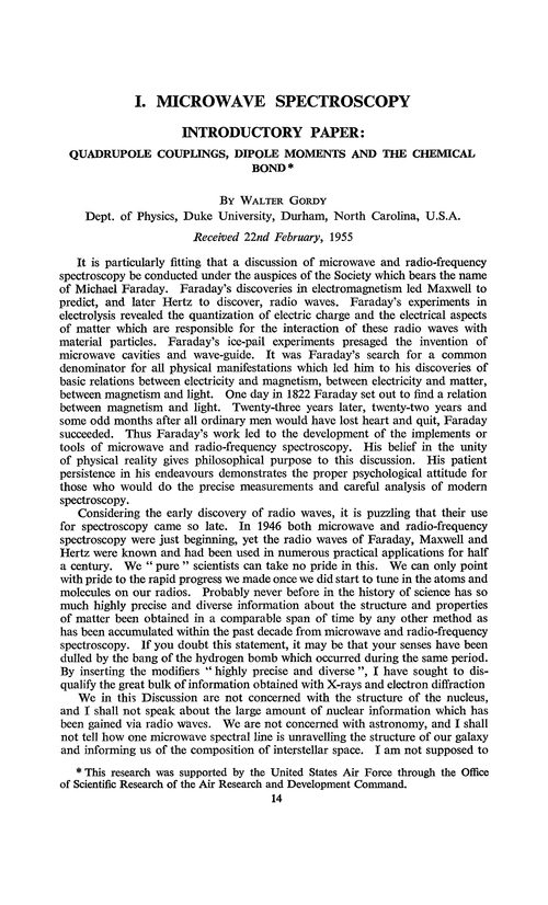 Microwave spectroscopy. Introductory paper: quadrupole couplings, dipole moments and the chemical bond