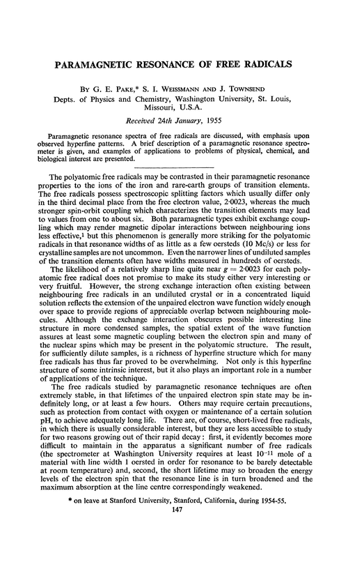Paramagnetic resonance of free radicals