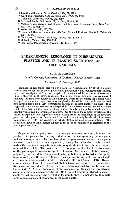 Paramagnetic resonance in X-irradiated plastics and in plastic solutions of free radicals