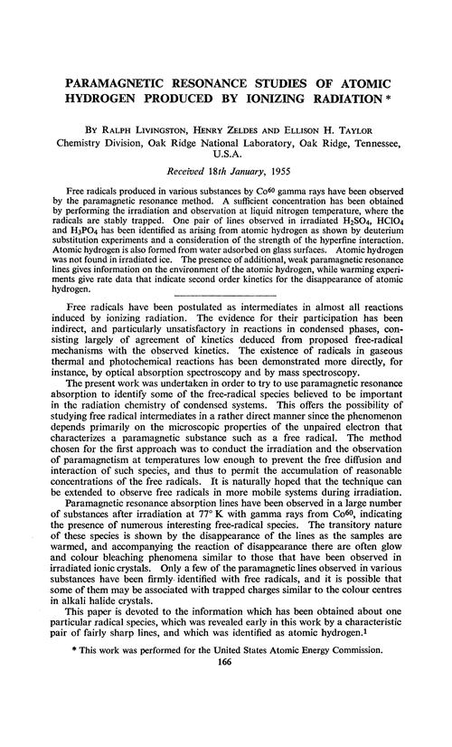 Paramagnetic resonance studies of atomic hydrogen produced by ionizing radiation