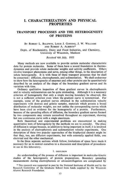 Characterization and physical properties. Transport processes and the heterogeneity of proteins