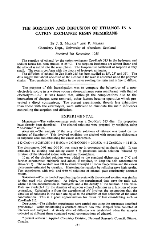 The sorption and diffusion of ethanol in a cation exchange resin membrane