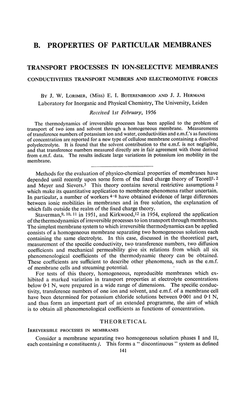 Properties of particular membranes. Transport processes in ion-selective membranes. Conductivities transport numbers and electromotive forces