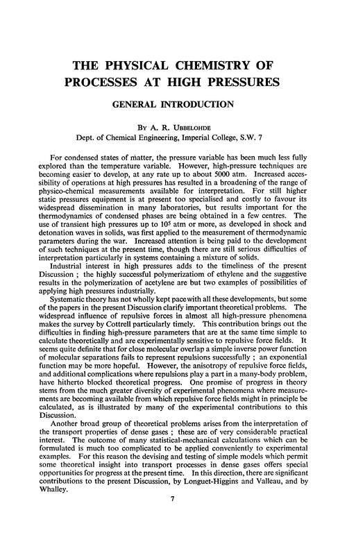 The physical chemistry of processes at high pressures. General introduction