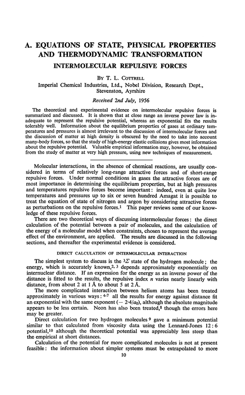 Equations of state, physical properties and thermodynamic transformation. Intermolecular repulsive forces