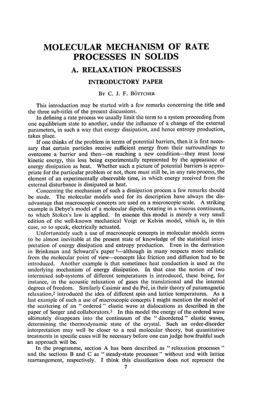 Molecular mechanism of rate processes in solids. A. Relaxations processes. Introductory paper