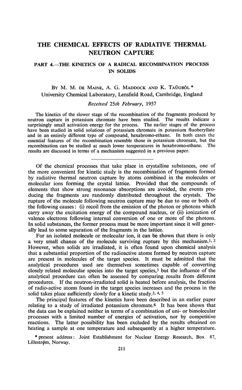 The chemical effects of radiative thermal neutron capture. Part4.—The kinetics of a radical recombination process in solids
