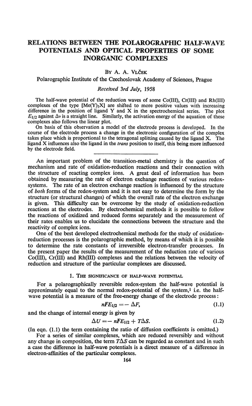 Relations between the polarographic half-wave potentials and optical properties of some inorganic complexes