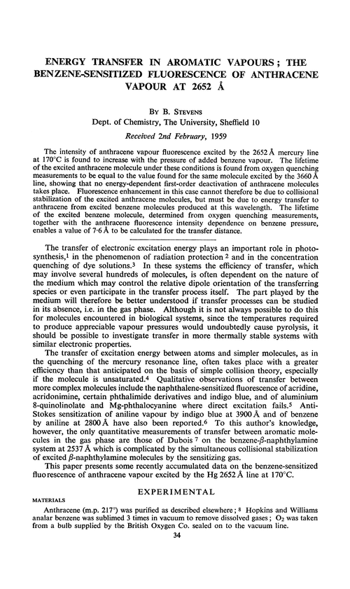Energy transfer in aromatic vapours; the benzene-sensitized fluorescence of anthracene vapour at 2652 Å