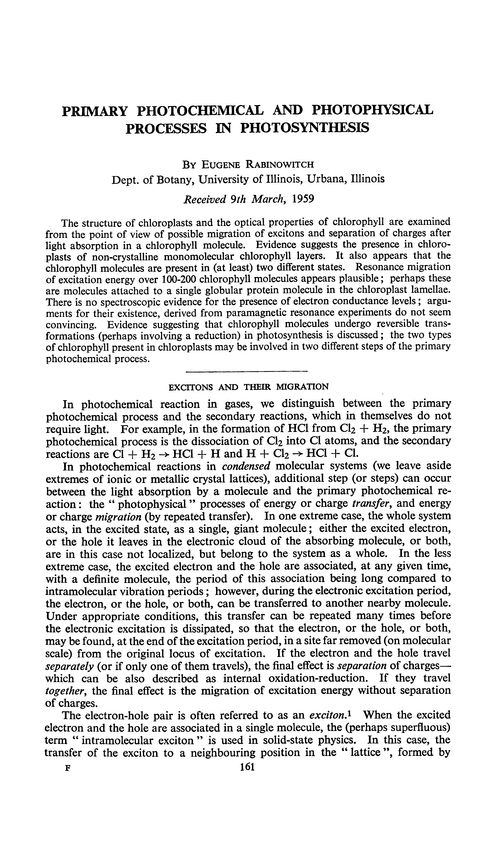 Primary photochemical and photophysical processes in photosynthesis