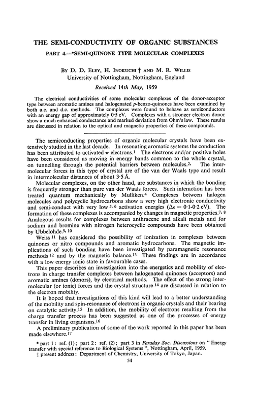 The semi-conductivity of organic substances. Part 4.—Semi-quinone type molecular complexes