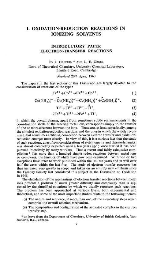 Oxidation-reduction reactions in ionizing solvents. Introductory paper electron-transfer reactions