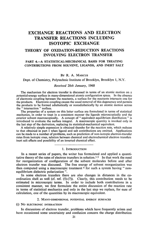 Exchange reactions and electron transfer reactions including isotopic exchange. Theory of oxidation-reduction reactions involving electron transfer. Part 4.—A statistical-mechanical basis for treating contributions from solvent, ligands, and inert salt