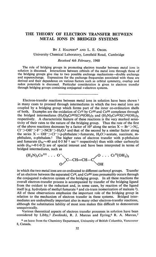 The theory of electron transfer between metal ions in bridged systems