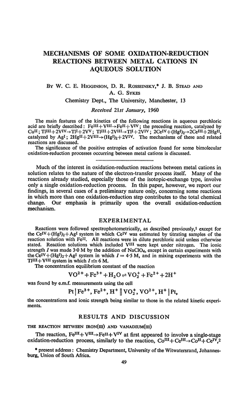 Mechanisms of some oxidation-reduction reactions between metal cations in aqueous solution