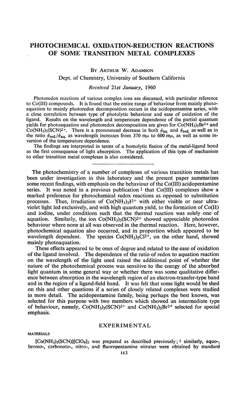 Photochemical oxidation-reduction reactions of some transition metal complexes