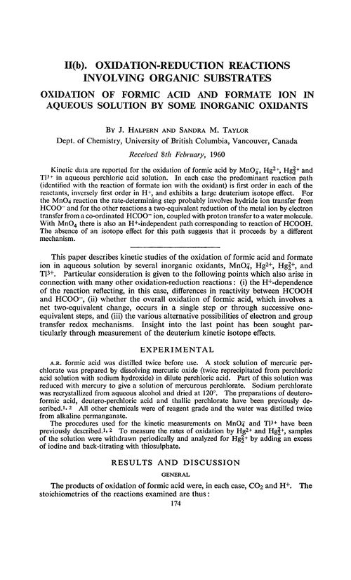 II(b). Oxidation-reduction reactions involving organic substrates. Oxidation of formic acid and formate ion in aqueous solution by some inorganic oxidants
