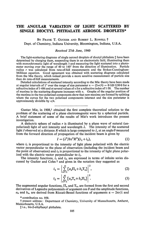 The angular variation of light scattered by single dioctyl phthalate aerosol droplets