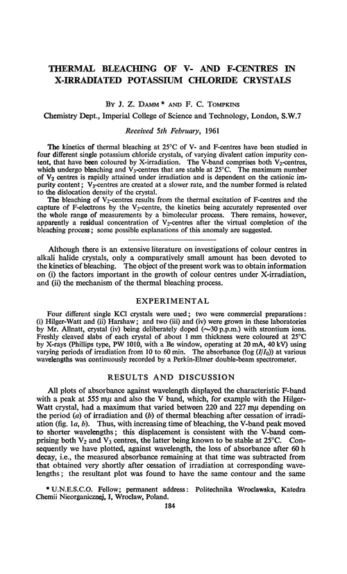 Thermal Bleaching Of V And F Centres In X Irradiated Potassium Chloride Crystals Discussions Of The Faraday Society Rsc Publishing