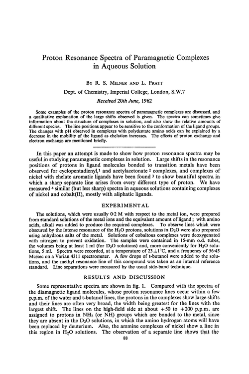 Proton resonance spectra of paramagnetic complexes in aqueous solution
