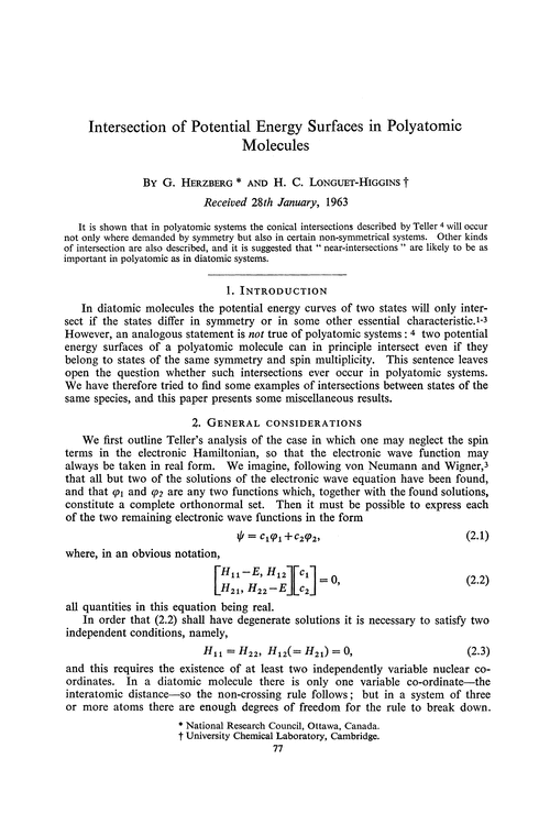 Intersection of potential energy surfaces in polyatomic molecules