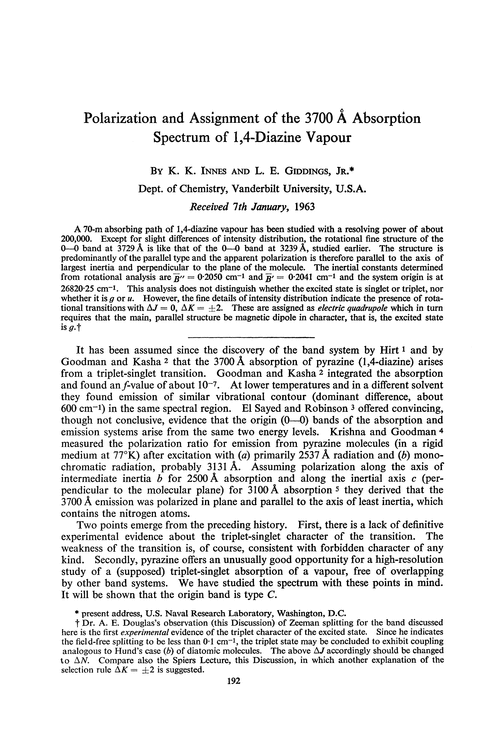 Polarization And Assignment Of The 3700 A Absorption Spectrum Of 1 4 Diazine Vapour Discussions Of The Faraday Society Rsc Publishing