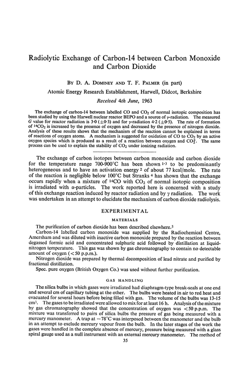 Radiolytic exchange of carbon-14 between carbon monoxide and carbon dioxide