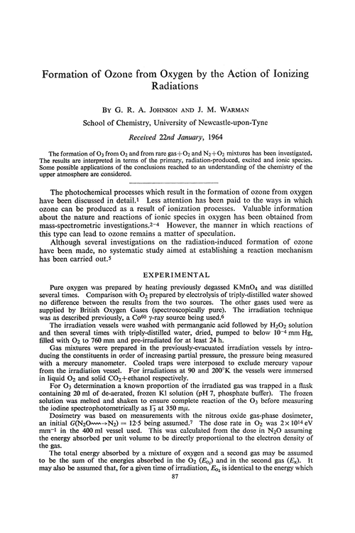 Formation of ozone from oxygen by the action of ionizing radiations