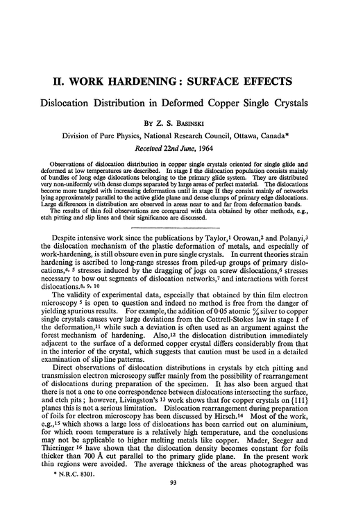 Work hardening: surface effects. Dislocation distribution in deformed copper single crystals