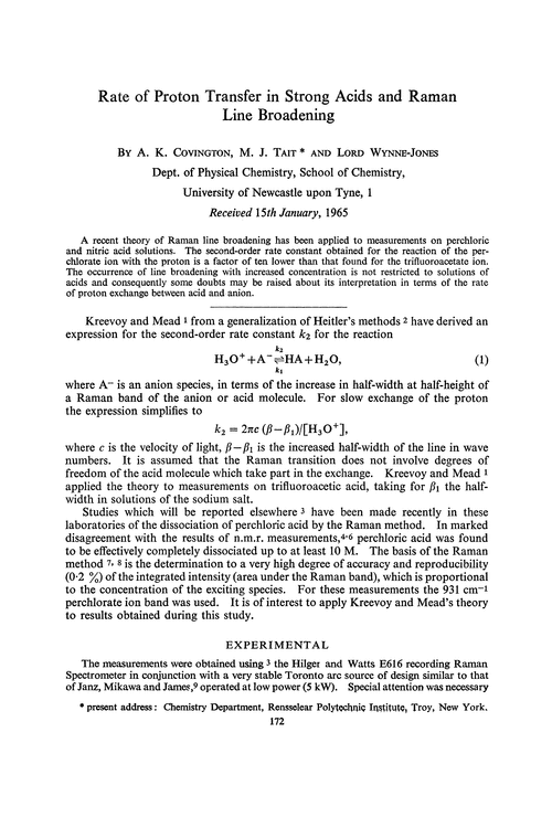 Rate of proton transfer in strong acids and Raman line broadening