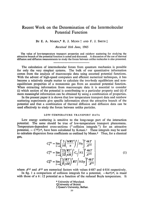 Recent work on the determination of the intermolecular potential function