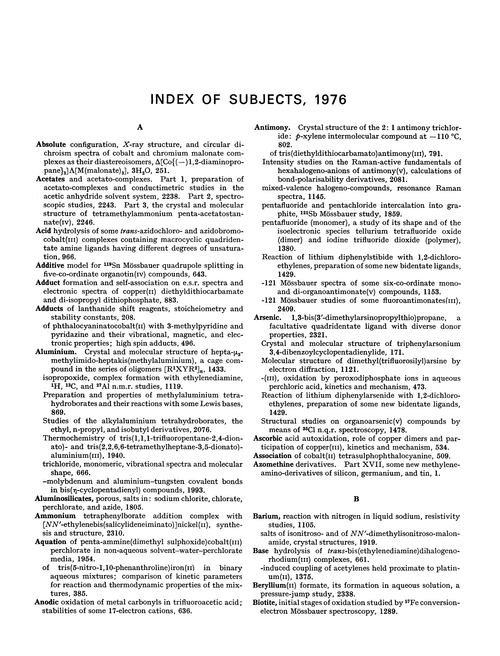 Index of subjects, 1976