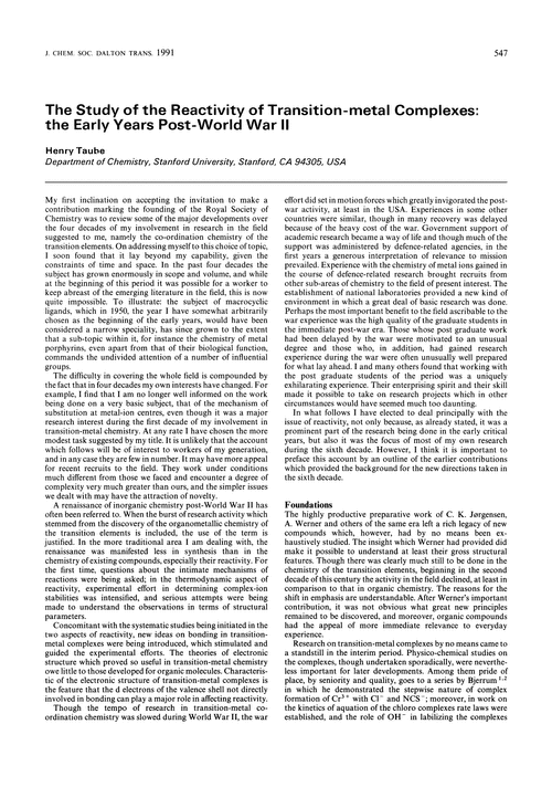 The study of the reactivity of transition-metal complexes: the early years post-World War II