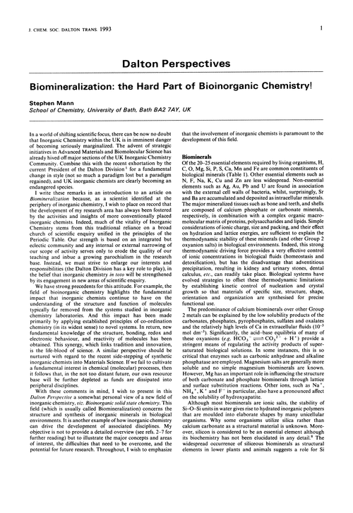 Dalton perspectives. Biomineralization: the hard part of bioinorganic chemistry!