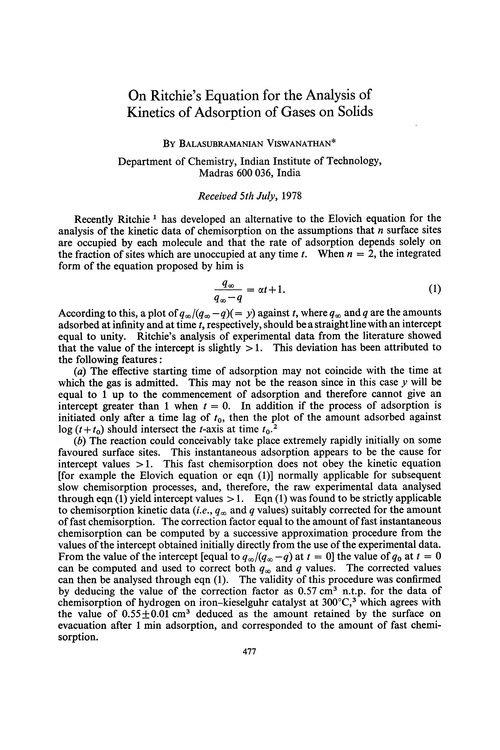 On Ritchie's equation for the analysis of kinetics of adsorption of gases on solids
