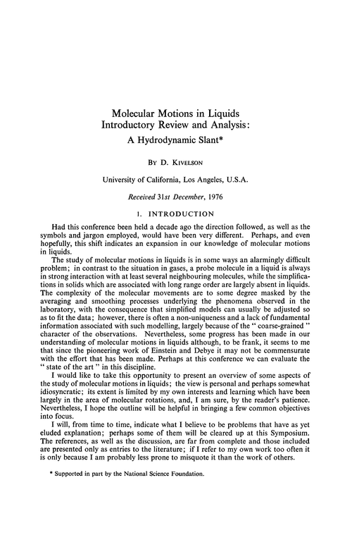 Molecular motions in liquids introductory review and analysis: a hydrodynamic slant