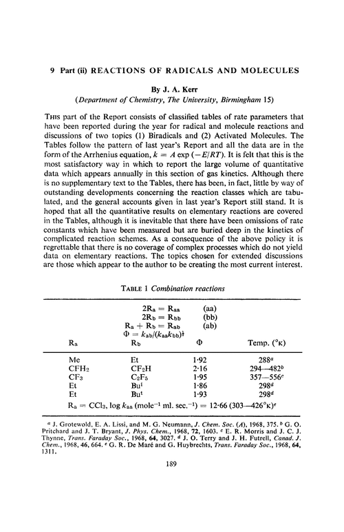 Chapter 9. Gas kinetics: Part (ii) Reactions of radicals and molecules