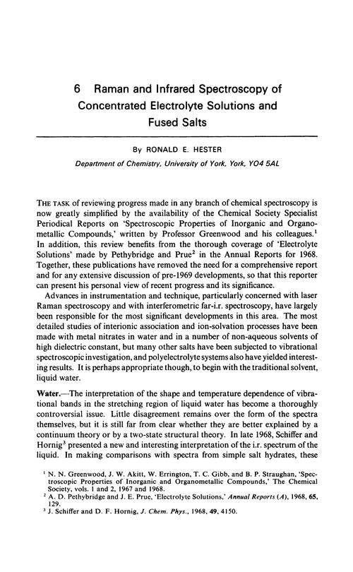 Chapter 6. Raman and infrared spectroscopy of concentrated electrolyte solutions and fused salts
