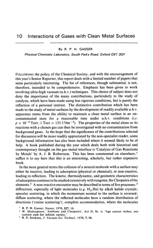 Chapter 10. Interactions of gases with clean metal surfaces
