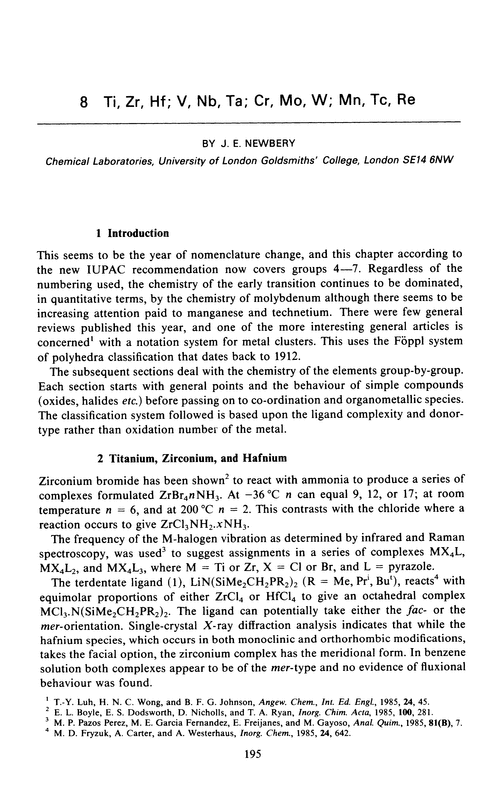 Chapter 8. Ti, Zr, Hf; V, Nb, Ta; Cr, Mo, W; Mn, Tc, Re