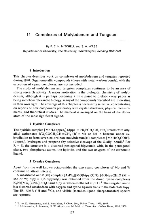 Chapter 11. Complexes of molybdenum and tungsten