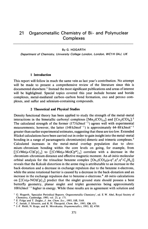 Chapter 21. Organometallic chemistry of bi- and polynuclear complexes