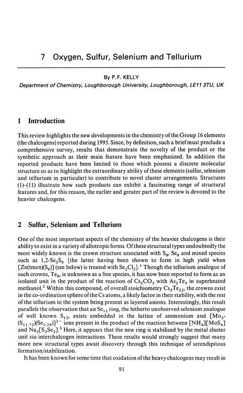 Chapter 7. Oxygen, sulfur, selenium and tellurium