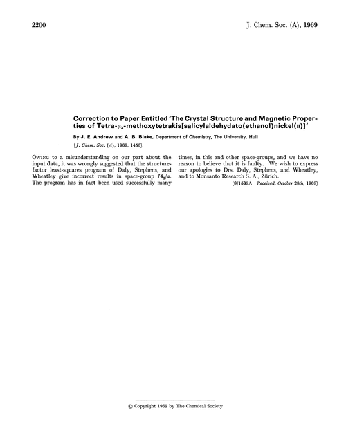 Correction to paper entitled ‘the crystal structure and magnetic properties of tetra-µ3-methoxytetrakis[salicylaldehydato(ethanol)nickel(II)]’