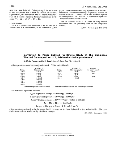 Correction to paper entitled ‘a kinetic study of the gas-phase thermal decomposition of 1, 1-dimethyl-1-silacyclobutane’