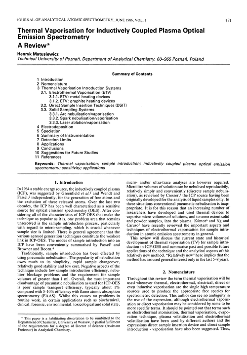 Thermal vaporisation for inductively coupled plasma optical emission spectrometry. A review