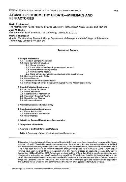 Atomic Spectrometry Update—Minerals and Refractories