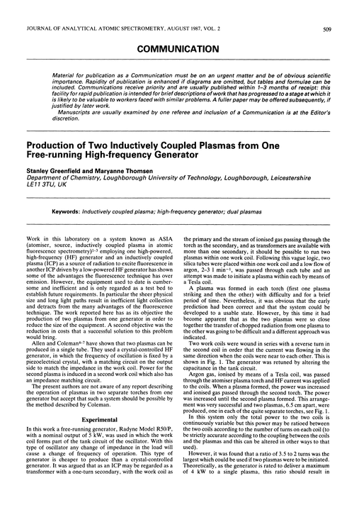 Communication. Production of two inductively coupled plasmas from one free-running high-frequency generator