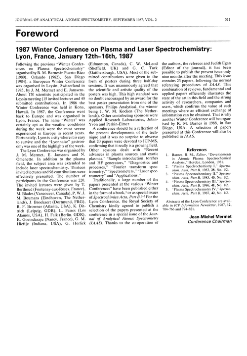 Foreword. 1987 Winter Conference on Plasma and Laser Spectrochemistry: Lyon, France, January 12th–16th, 1987