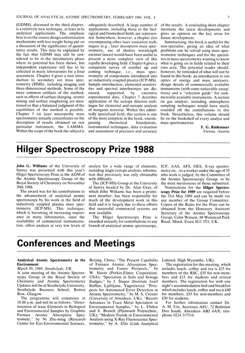 Hilger Spectroscopy Prize 1988